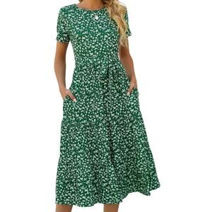 Lyrur Tiered Ruffle Hem Midi Dress Self Tie Green w/White Flowers Size XL  NWT